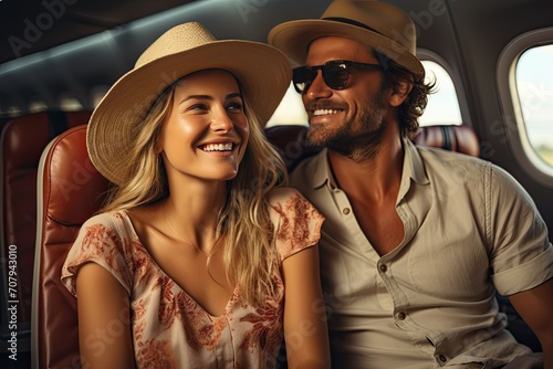 Happy couple wearing straw hats and sunglasses, sitting on the airplane during flight. Concept about travel, lifestyle and happiness. Vacation time © Irina Mikhailichenko