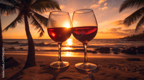 Product photograph of Two Wine glass in the sand on a tropical beach. Sunlight. Palm trees. Crashing waves . Red color palette. Drinks. 