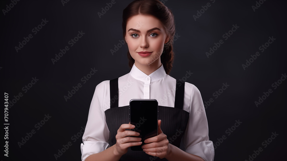 A young woman in an apron with a phone on a black background, a small business concept A young woman in an apron with a phone on a black background, a small business concept