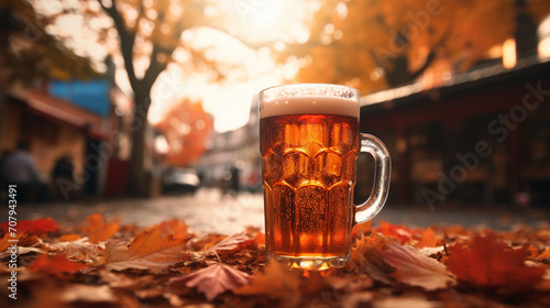 Product photograph of Beer pint glass in a pile of autumn leaves on the street orange color palette Drinks.  photo