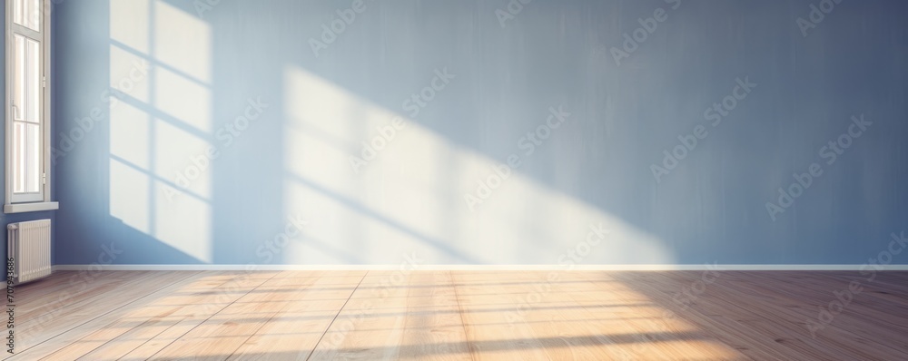 Light indigo wall and wooden parquet floor, sunrays and shadows from window - obrazy, fototapety, plakaty 