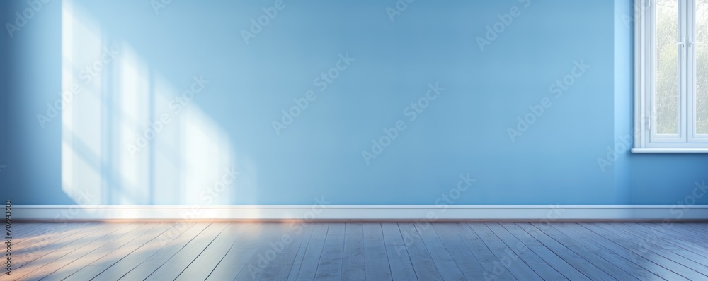 Light indigo wall and wooden parquet floor, sunrays and shadows from window - obrazy, fototapety, plakaty 