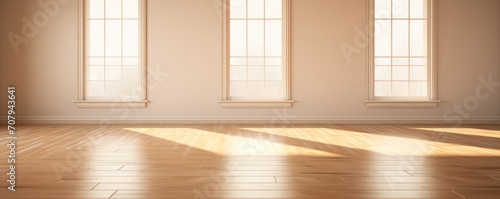 Light hazelnut wall and wooden parquet floor, sunrays and shadows from window