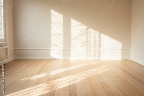 Light ivory wall and wooden parquet floor, sunrays and shadows from window 