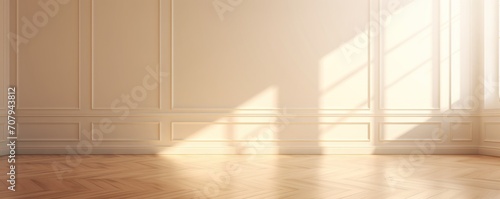 Light ivory wall and wooden parquet floor, sunrays and shadows from window 