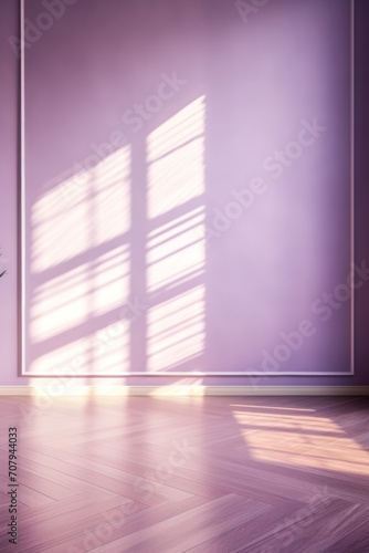 Light lilac wall and wooden parquet floor, sunrays and shadows from window