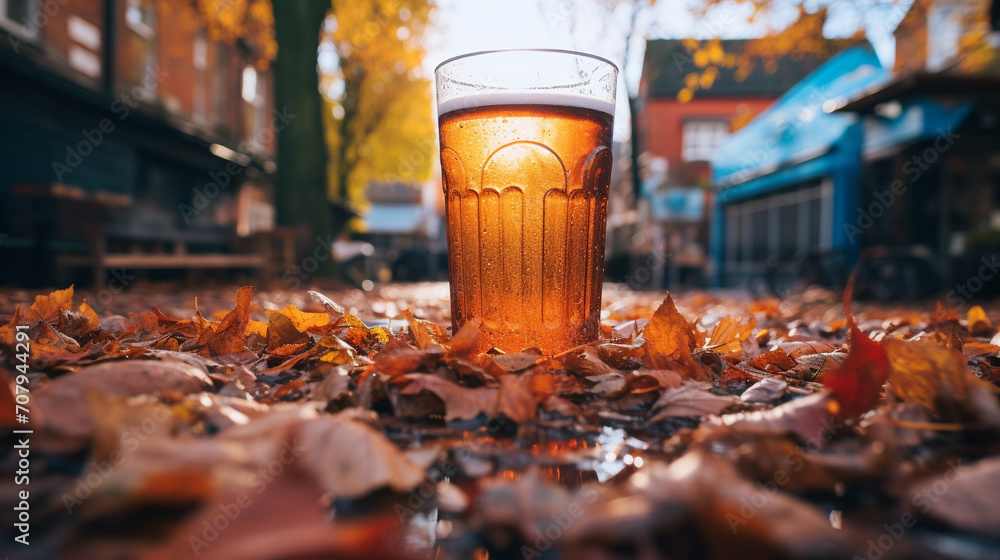 Product photograph of Beer pint glass in a pile of autumn leaves on the street blue color palette Drinks. 