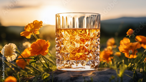 Product photograph of Whisky rock glass in a field of blooming flowers. Sunlight. Orange color palette. Drinks. 