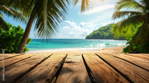 An ideal product showcase featuring a wooden tabletop against a blurred tropical beach backdrop