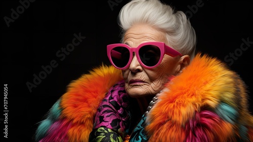 Elegant studio image of a stunning elderly woman donning a vibrant fur coat and shades, Generative AI.
