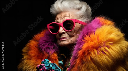 Elegant studio image of a stunning elderly woman donning a vibrant fur coat and shades, Generative AI. © Our Scrapbook