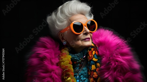 Elegant studio image of a stunning elderly woman donning a vibrant fur coat and shades  Generative AI.