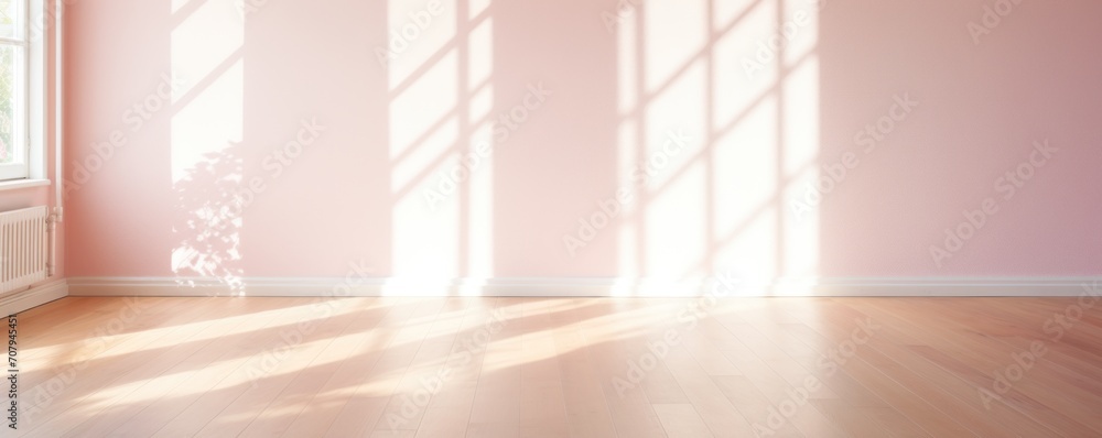 Light pink wall and wooden parquet floor, sunrays and shadows from window  - obrazy, fototapety, plakaty 