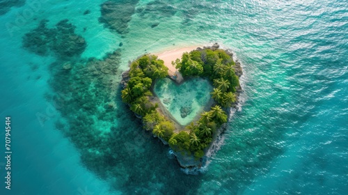  An aerial view of a paradise island shaped like a heart, creating a romantic and dreamy atmosphere for a perfect holiday getaway. © DreamPointArt