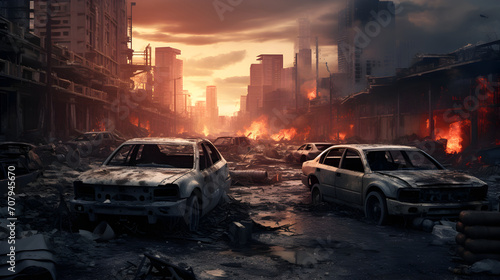 A post-apocalyptic city ruins. Destroyed buildings, burnt-out vehicles and broken roads
