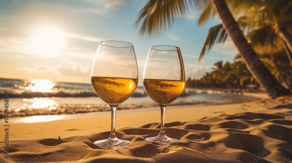 Product photograph of Two Wine glass in the sand on a tropical beach. Sunlight. Palm trees. Crashing waves . Yellow color palette. Drinks. 