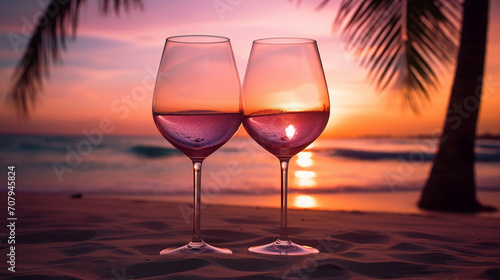 Product photograph of Two Wine glass in the sand on a tropical beach. Sunlight. Palm trees. Crashing waves . Pink color palette. Drinks. 