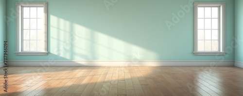 Light mint wall and wooden parquet floor, sunrays and shadows from window 