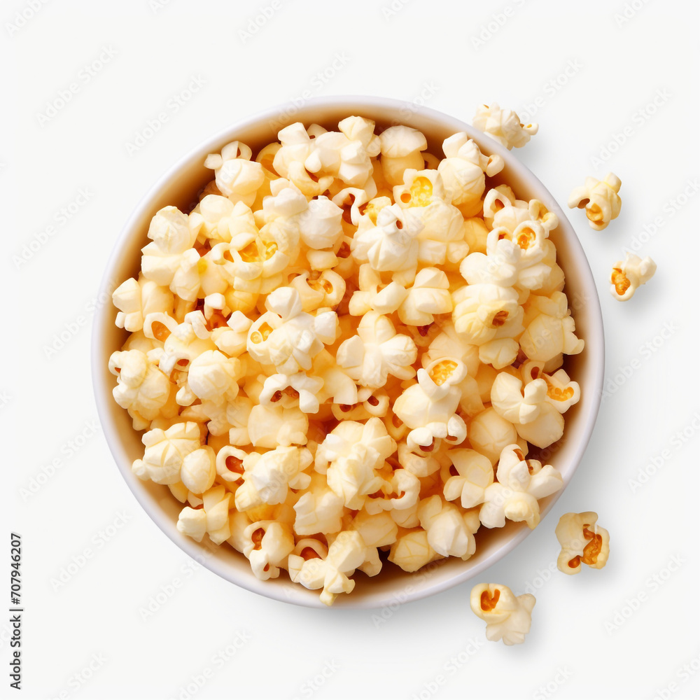 top view photography of a bowl of popcorn isolated on a transparent background created with Generative Ai