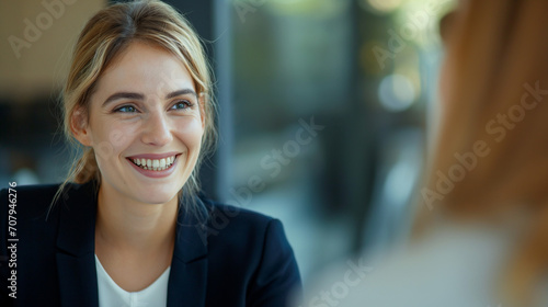 Professional Businesswoman in Job Interview with HR, Engaging in Positive Interaction, Successful Meeting in Formal Office Environment, 30-35 Years Old, Smiling, Business Dress, Agreement Conclusion