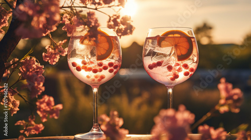 Product photograph of Two Gin Tonic sparkling cocktail with lime  in a field of blooming flowers. Sunlight. Red color palette. Drinks. 