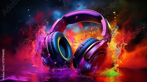 Headphones above a brightly colored neon with a dynamic music blaster, Generative AI. photo