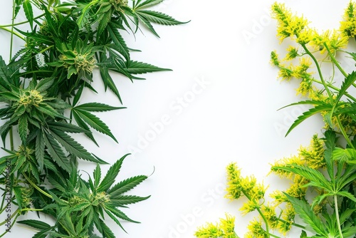 Lush cannabis on the left side of picture and lush rapeseed on the right side  white background