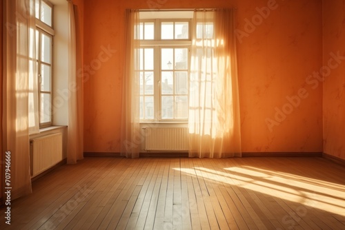 Light orange wall and wooden parquet floor, sunrays and shadows from window