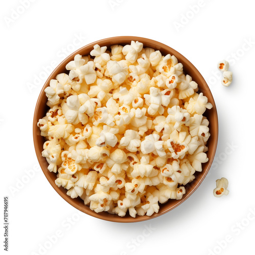 top view photography of a bowl of popcorn isolated on a transparent background created with Generative Ai photo