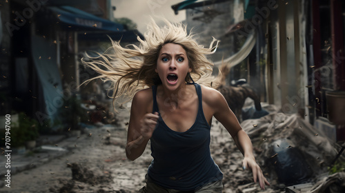 Blonde young woman runs away in panic during earthquake, natural disaster concept © Trendy Graphics