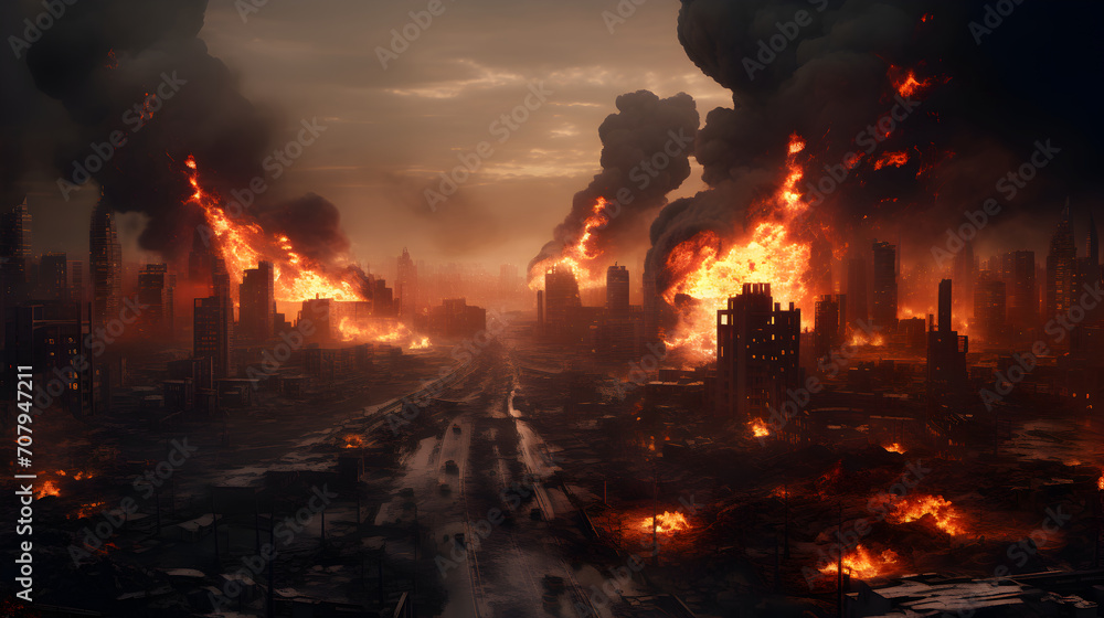 Burning city, Warzone full of smoke and fire