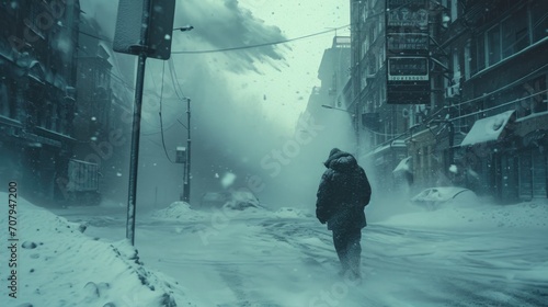 A man walks through a winter city, a sharp squall wind knocks him off his feet, signs and telegraph poles fall, a blizzard blows