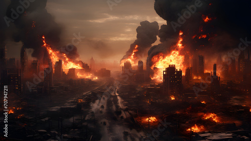 Burning city  Warzone full of smoke and fire