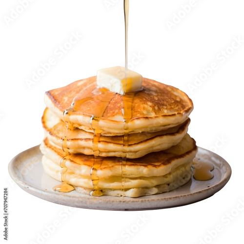 pancakes with berries and syrup, breakfast, isolated, white and transparent background