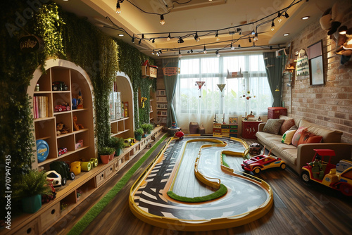 A playroom with a mini race track circling the room, for foot races and scooter races photo