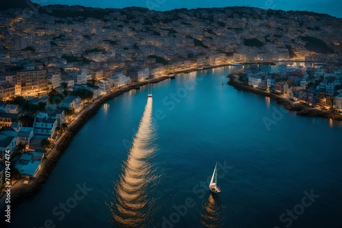 A panoramic view of a coastal cityscape as seen from the ocean, with twinkling lights and a tranquil sea.