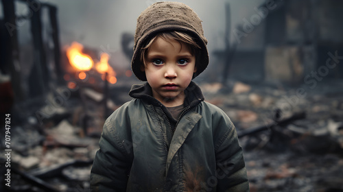 Poverty and poorness on the refugee child's face. City destroyed by bombs or earthquake © Trendy Graphics