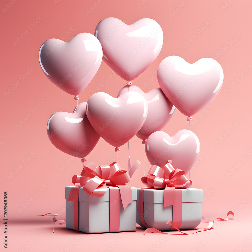 3D Heart Shaped Balloons and Gift Boxes Flying on Pink Background, Valentine's Day Concept. 3D Heart Shaped Balloons and Gift Boxes Flying on Pink Background, Valentine's Day Concept.