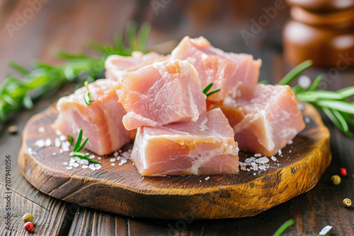 Pieces of pork meat cut for cooking on a wooden board