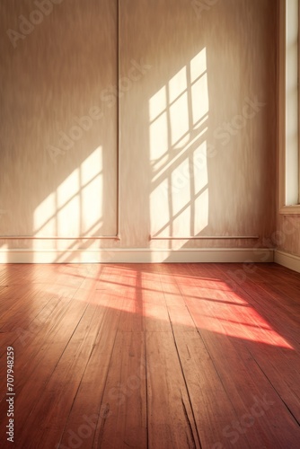 Light ruby wall and wooden parquet floor, sunrays and shadows from window
