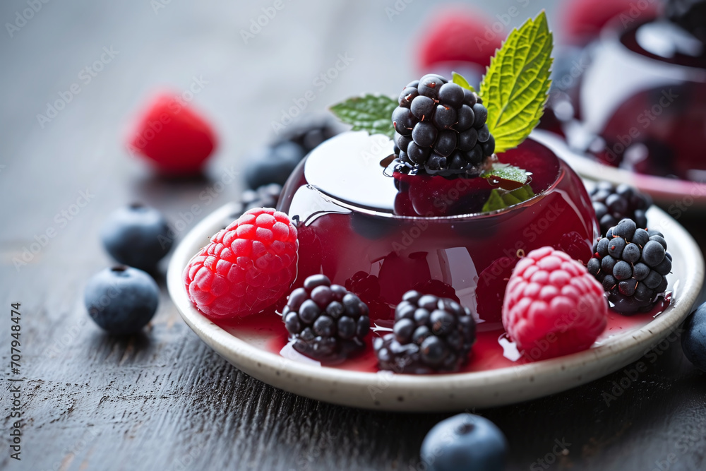 Berry jelly with fresh berries, light dessert with mint Berry jelly with fresh berries, light dessert with mint
