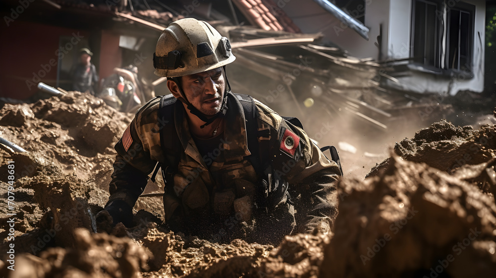 Rescue service man wearing helmet clearing rubble of house after earthquake or war