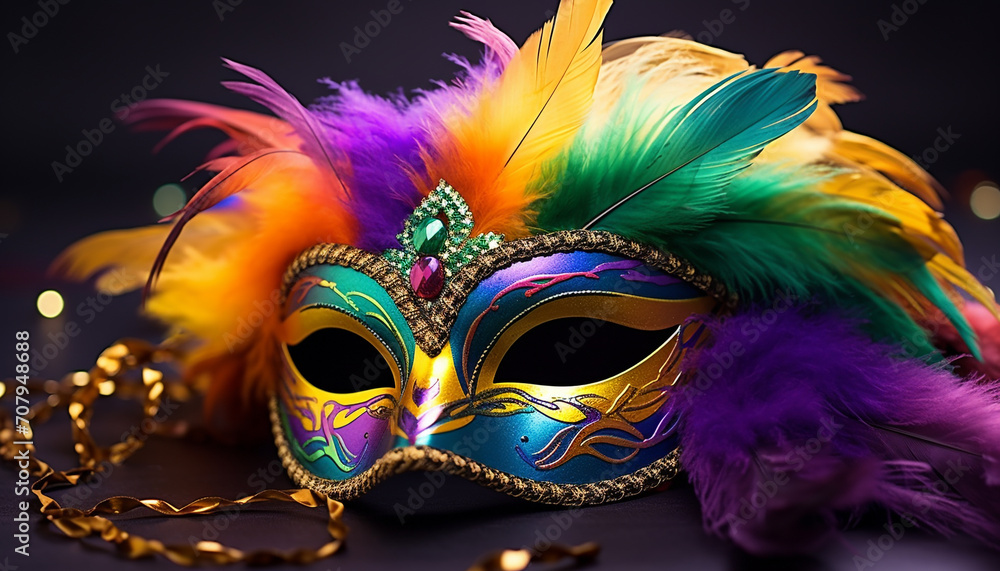 Mardi Gras celebration, colorful masks, vibrant costumes generated by AI Mardi Gras celebration, colorful masks, vibrant costumes generated by AI