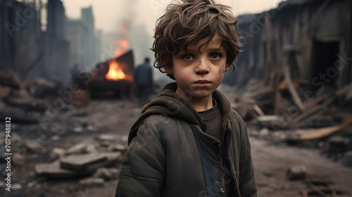 Sad little Refugee boy kid stands in a destructed city by bombs or earthquake