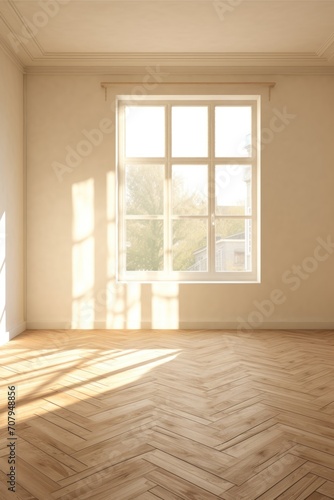 Light sepia wall and wooden parquet floor, sunrays and shadows from window