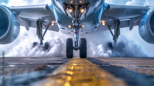An airplane showcasing precision landing with silver engines roaring above a reflective wet runway, signaling the synergy of adventure and technology in aviation. photo