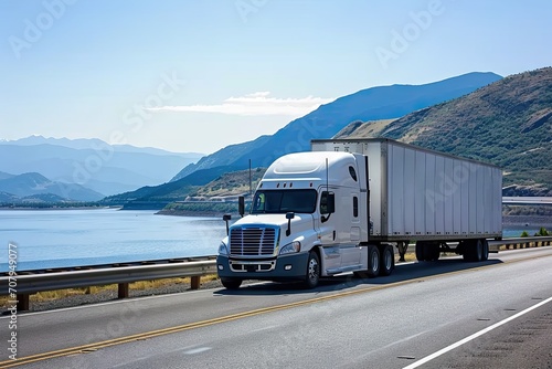 Highway fast moving cargo truck racing across interstate under summer sun capturing dynamic energy and speed of modern transportation and logistics