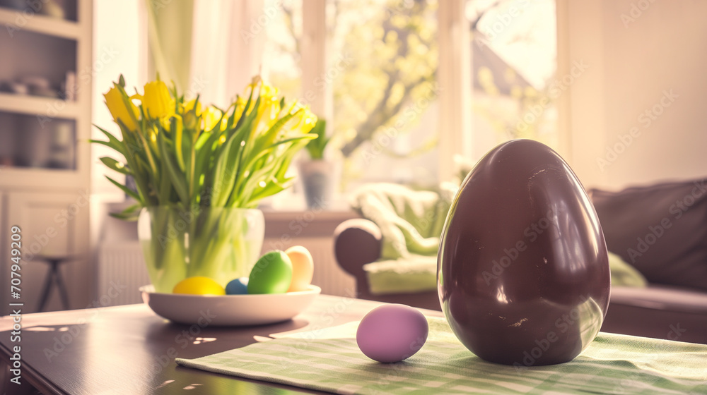 Large chocolate easter egg on a table, warm and cozy nordic living room.