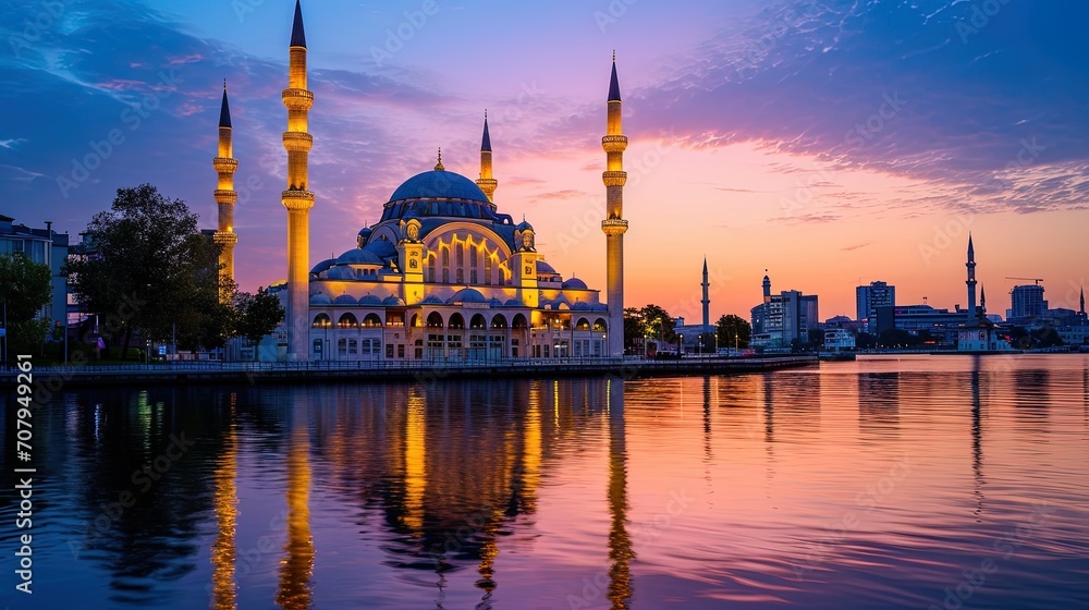 Sunset view of Mosque with reflections, ai generative