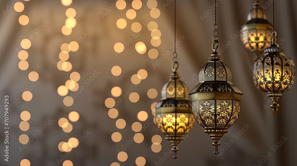 Arabic lanterns hanging on the ceiling with bokeh background, ai generative Arabic lanterns hanging on the ceiling with bokeh background, ai generative